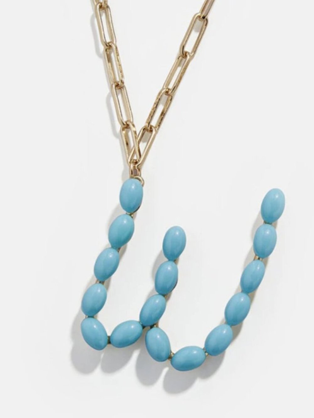 Blue Beaded Letter Name "W" Initial Paperclip Chain Fashion Necklace